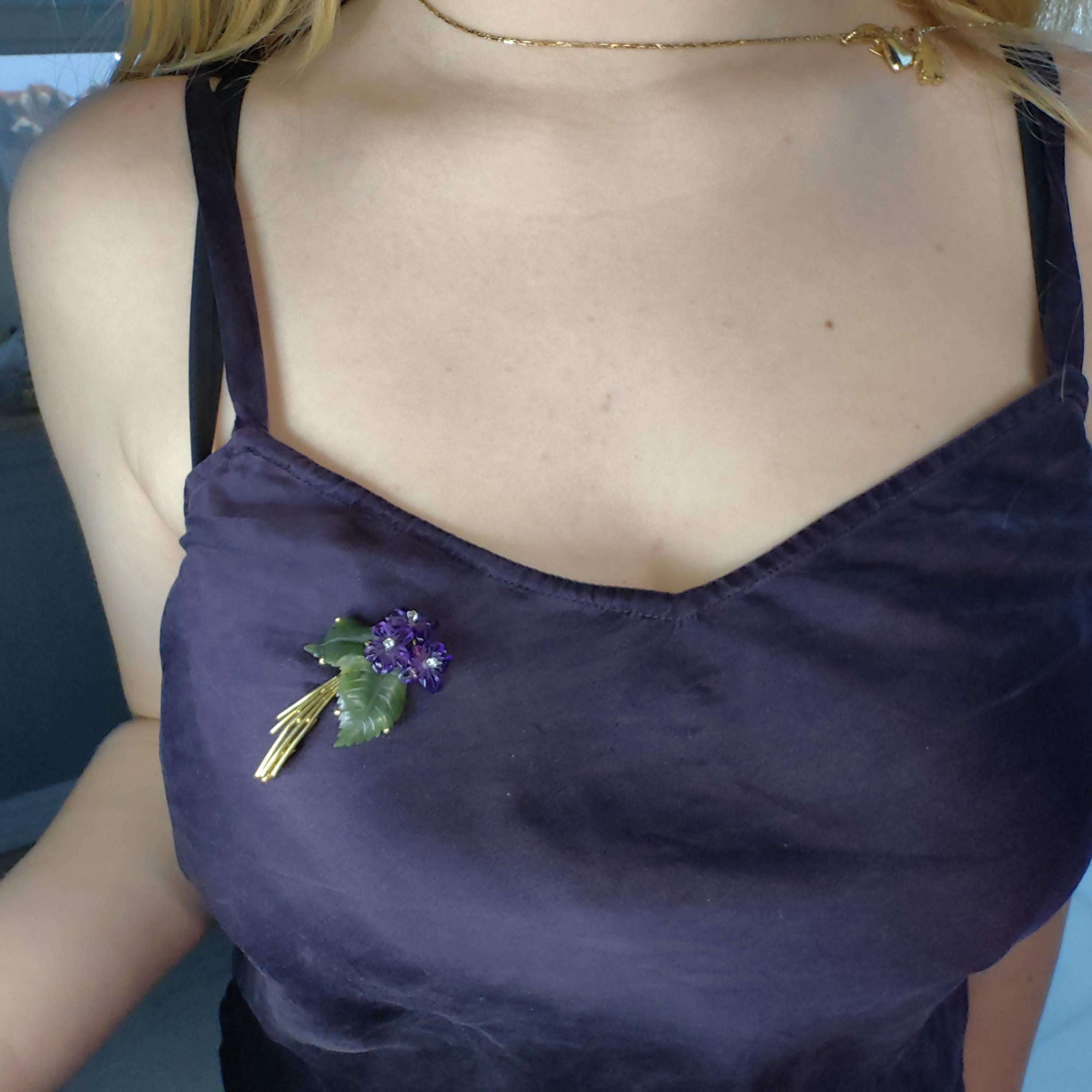 Antique 18k Gold Floral Brooch: Carved Amethyst, Jade & Diamond Violet Pin