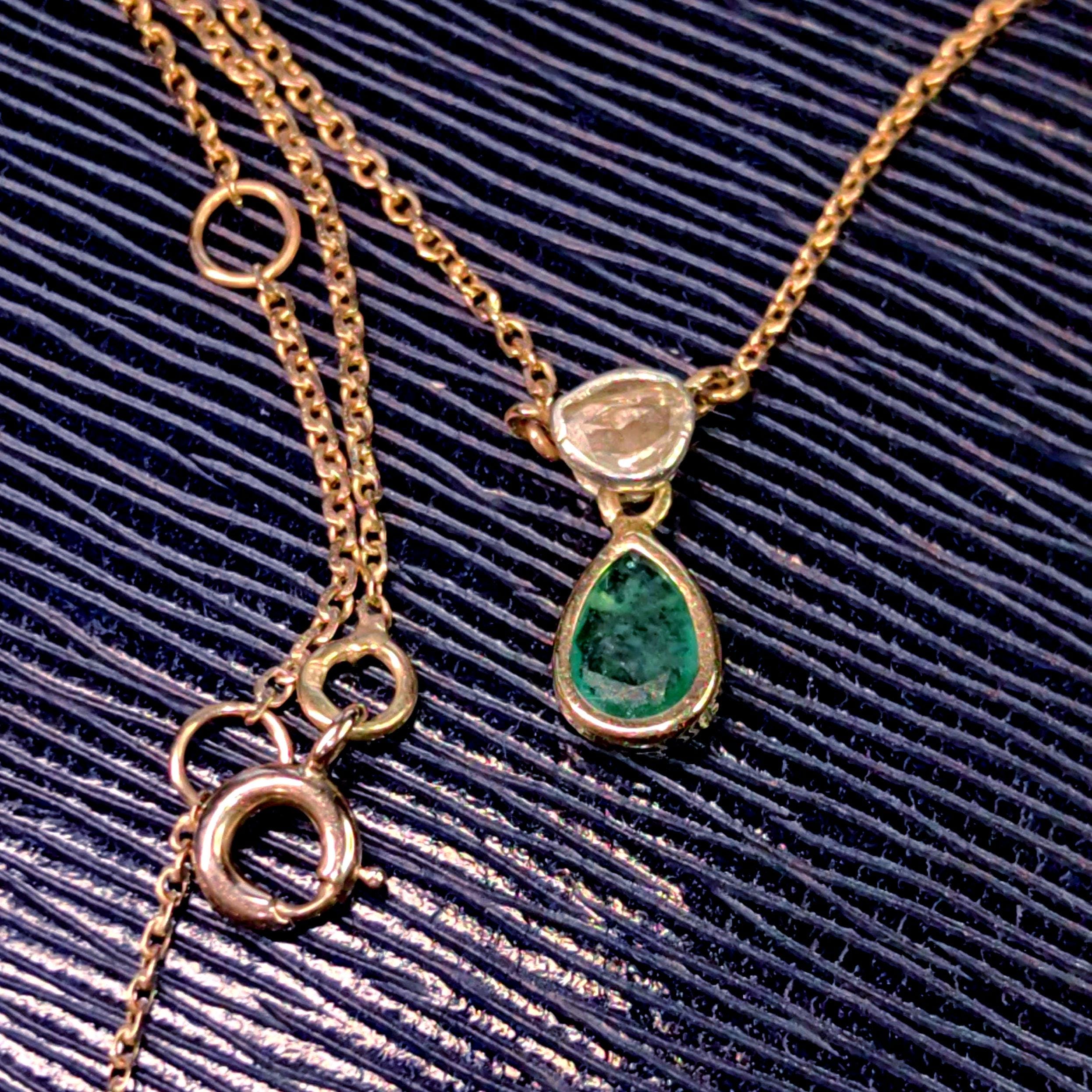 Genuine Emerald & Diamond Necklace Solid 18k Yellow Gold Drop Shaped Antique Vintage Pendant Charm Gift for Her Elegant Dainty Classic chain