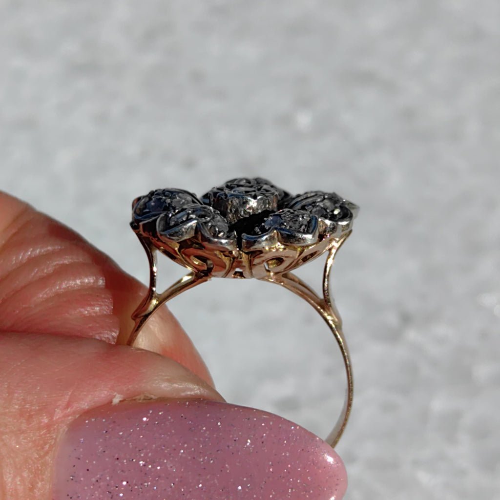 Art Deco Diamond Floral Ring: 14k Gold & Silver, 1930s Statement Ring