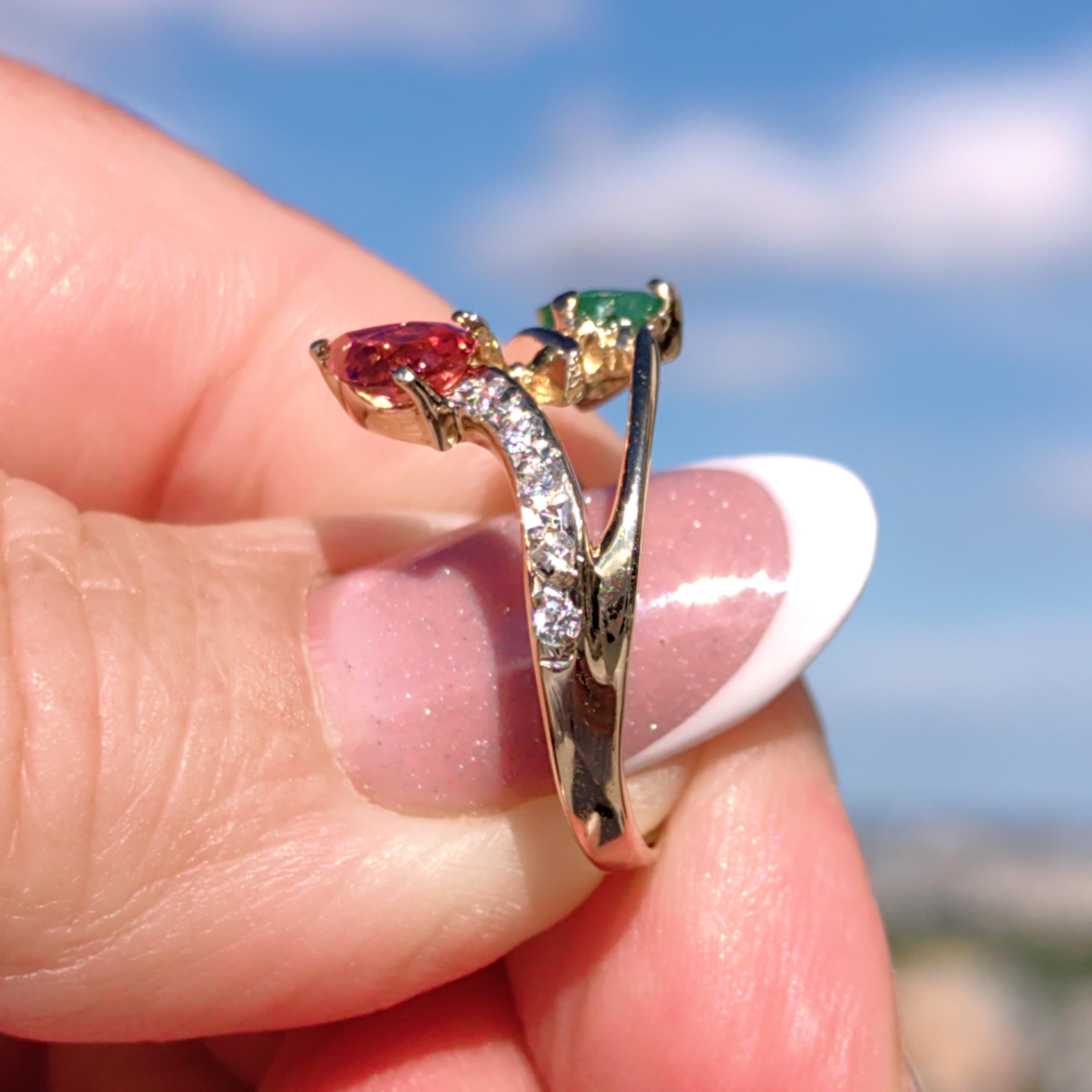 Vintage 14k Yellow Gold Tutti-Frutti Ring: Emerald, Tourmaline & Diamond Bypass