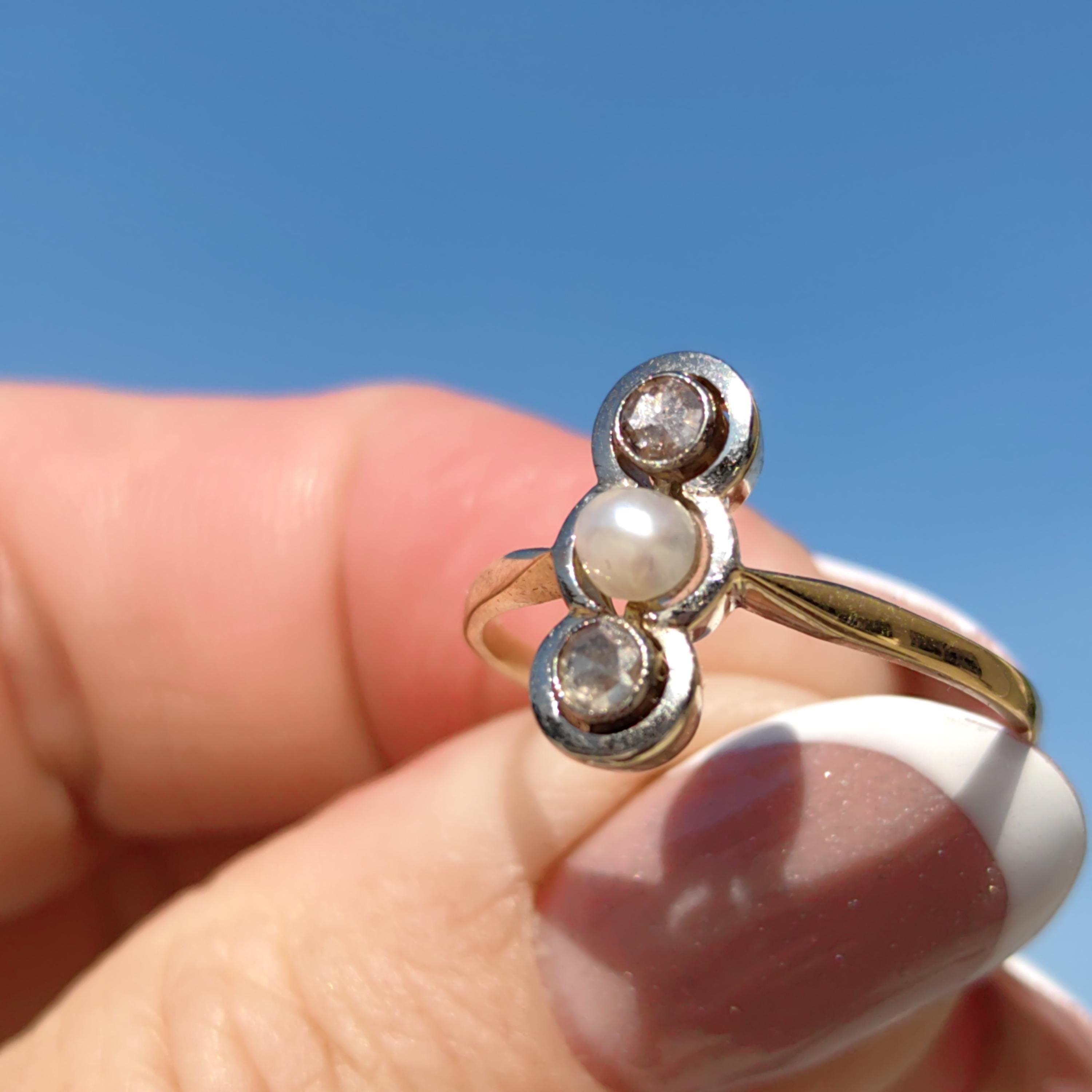 Art Nouveau Pearl Engagement Ring: Diamond 18k Gold Antique Three-Stone