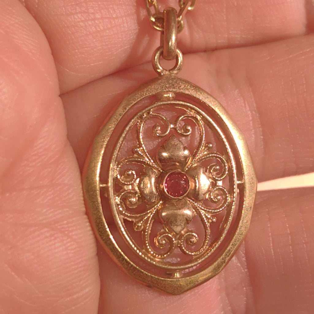 Vintage Gold-Filled Pendant: Art Nouveau Floral Charm with Artificial Ruby