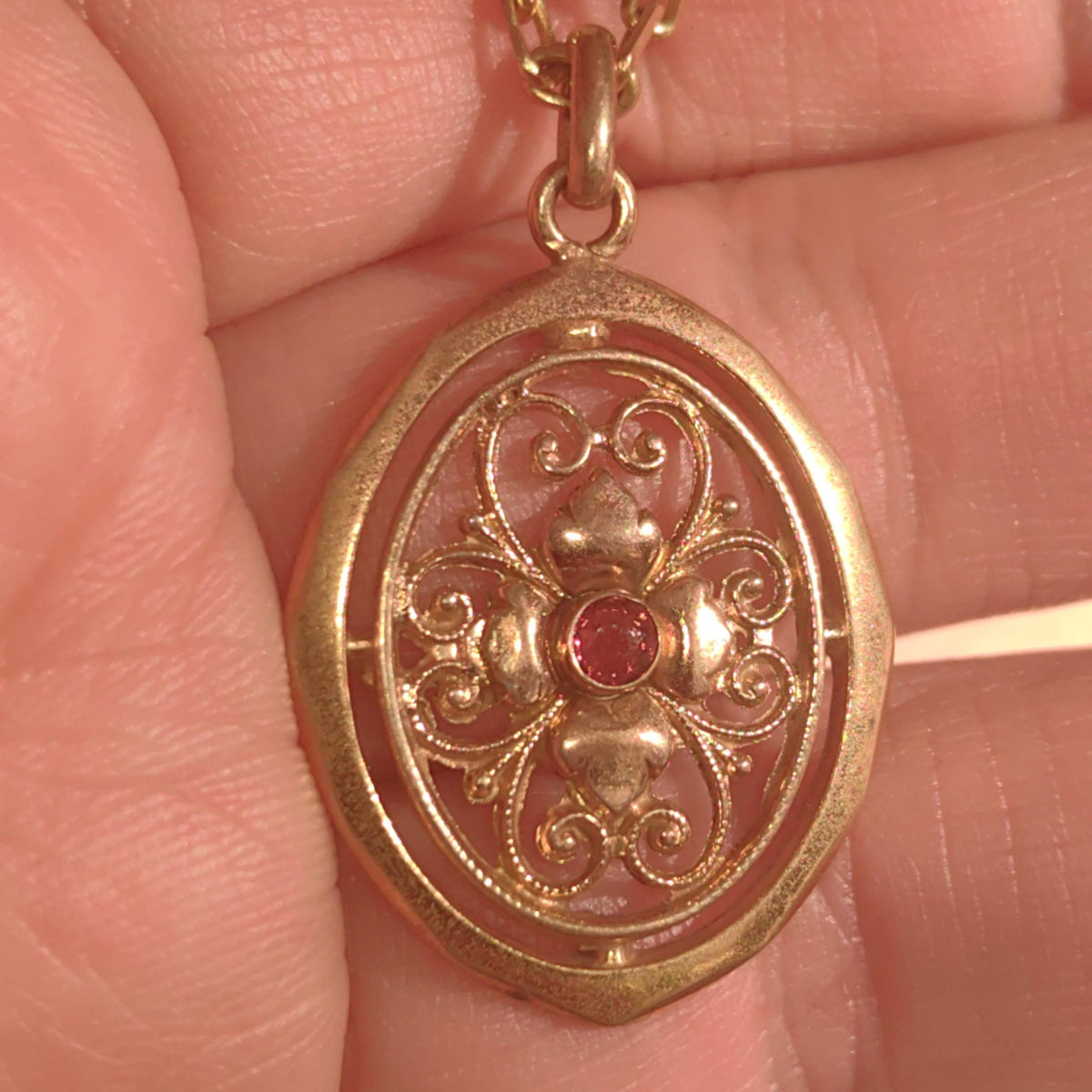 Vintage Gold-Filled Pendant: Art Nouveau Floral Charm with Artificial Ruby