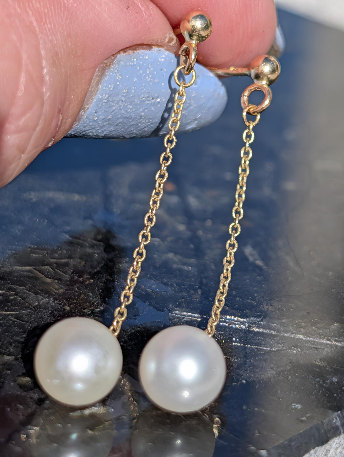 1950s Mid Century Natural Emerald Pearl 14k Yellow Gold Earrings, Vintage Hallmarked Dangle Chain Earrings, Gift for Her