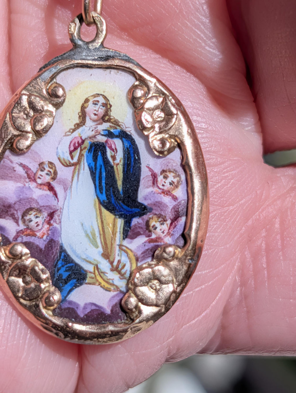 Antique 14k Gold Virgin Mary Pendant Hand Painted Enamel Religious Medal Catholic Charm Madonna Necklace Gift