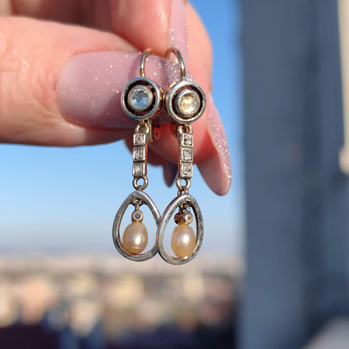 Antique 18k Gold Pearl Earrings: Rose Cut Diamond Art Nouveau Dangles