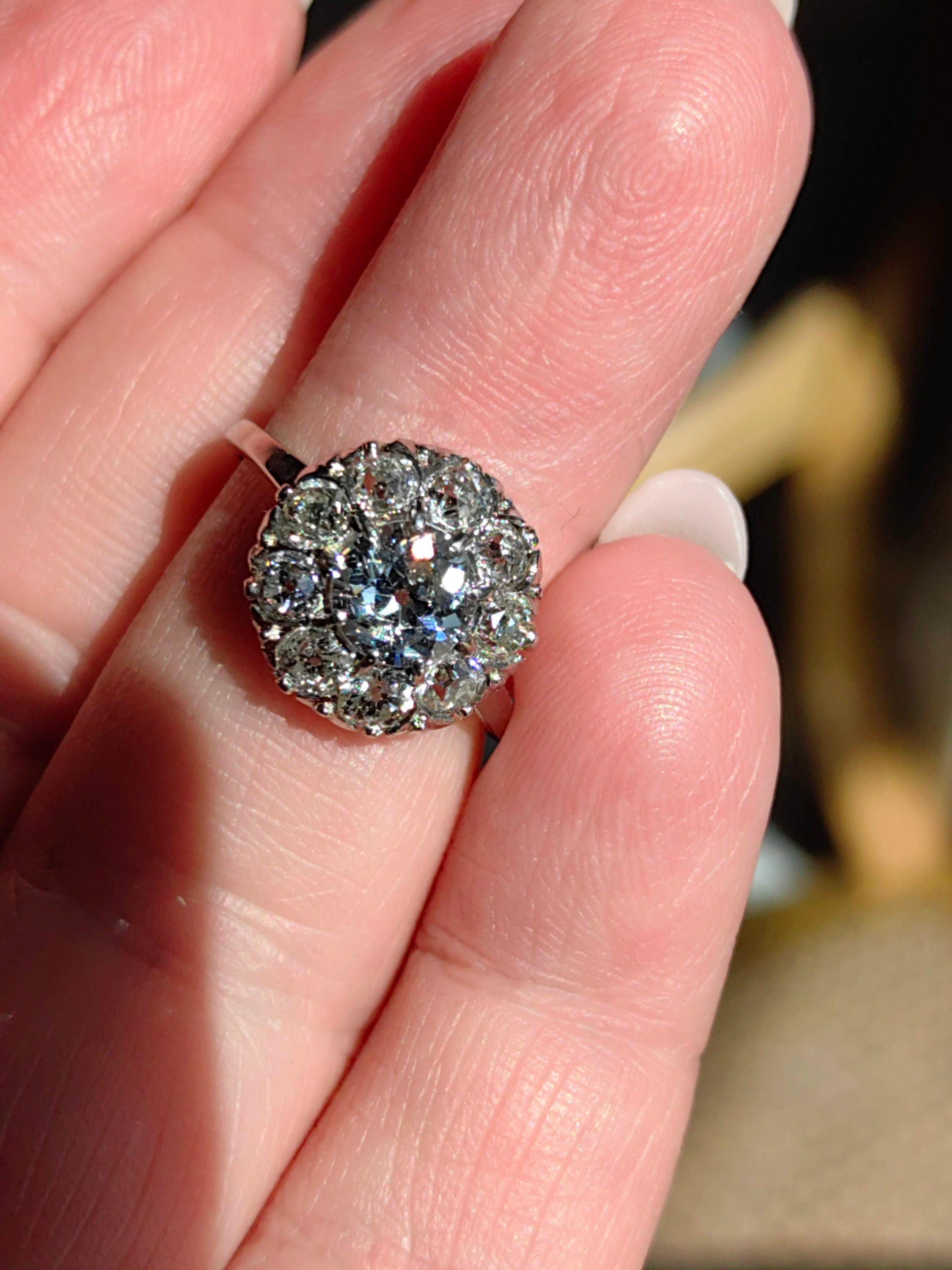 Antique 1.90ct Diamond Cluster Ring: 14K White Gold Art Deco Engagement