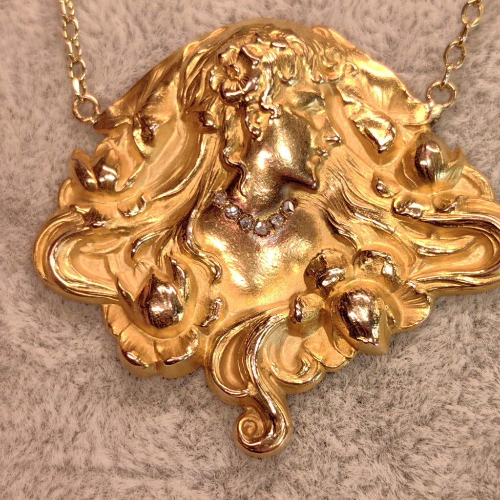 Antique Original Art Nouveau 14K Gold Lady Pendant Necklace French Belle Époque Woman Relief Repoussé Medallion c1900 Hallmarked