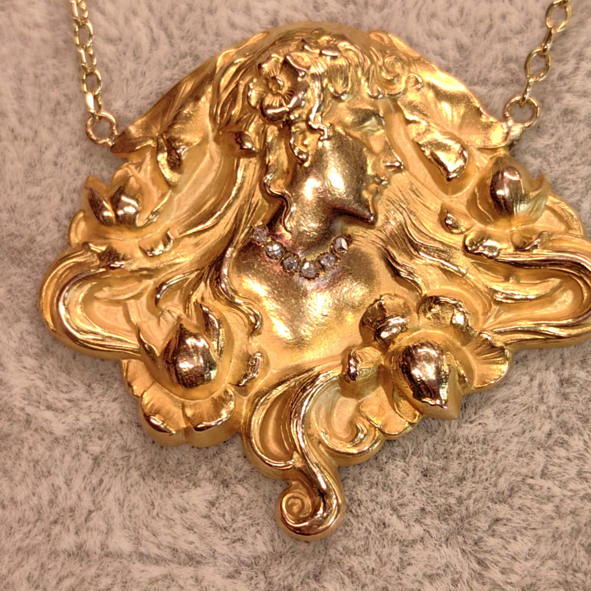 Antique Original Art Nouveau 14K Gold Lady Pendant Necklace French Belle Époque Woman Relief Repoussé Medallion c1900 Hallmarked