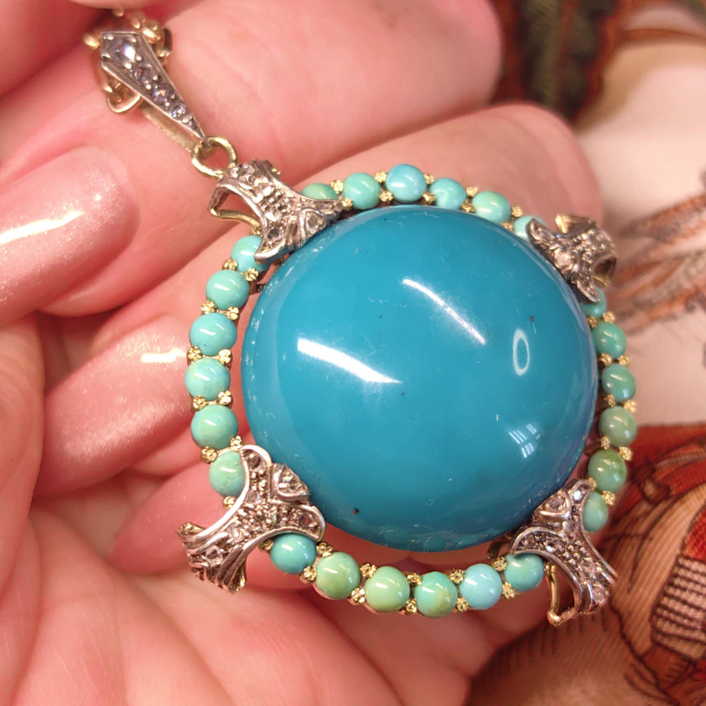 1930s Art Deco Natural Blue Turquoise Pendant 18k Solid Yellow Gold Rose Diamond Statement Pendant Charm Gift for Her Present