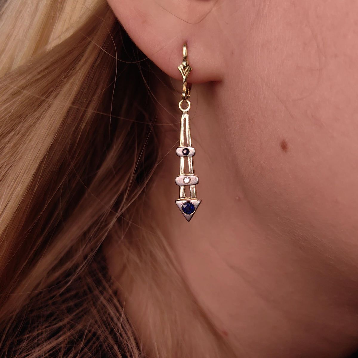 Antique Vintage Sapphire and Diamond 14k Solid Yellow Gold Mid Century Elegant Long Dangle Drop Lever Back Closure Earrings