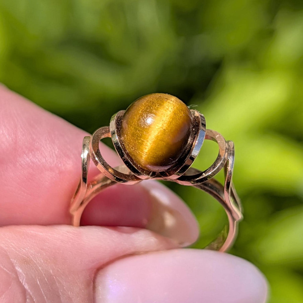 Vintage 1980s Tiger Eye Ring 14k Champagne Yellow Rose Gold Hungarian Hallmarked Statement Gemstone Fine Jewelry Gift for Her