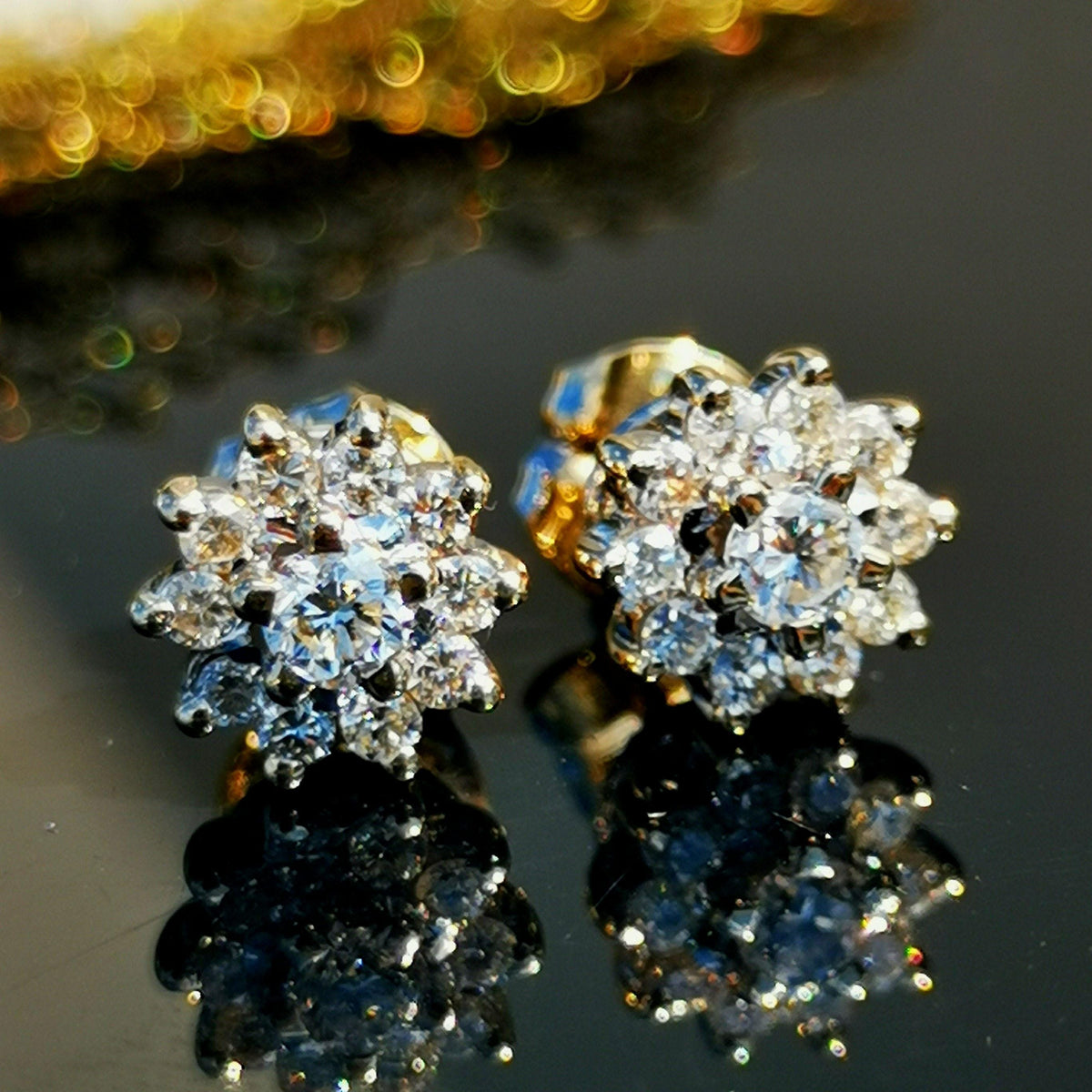 Antique Vintage 18k Solid Hallmarked White Gold 0.56 ct. Natural Diamond Floral Flower Stud Cluster Earrings Gift for Her Elegant Present