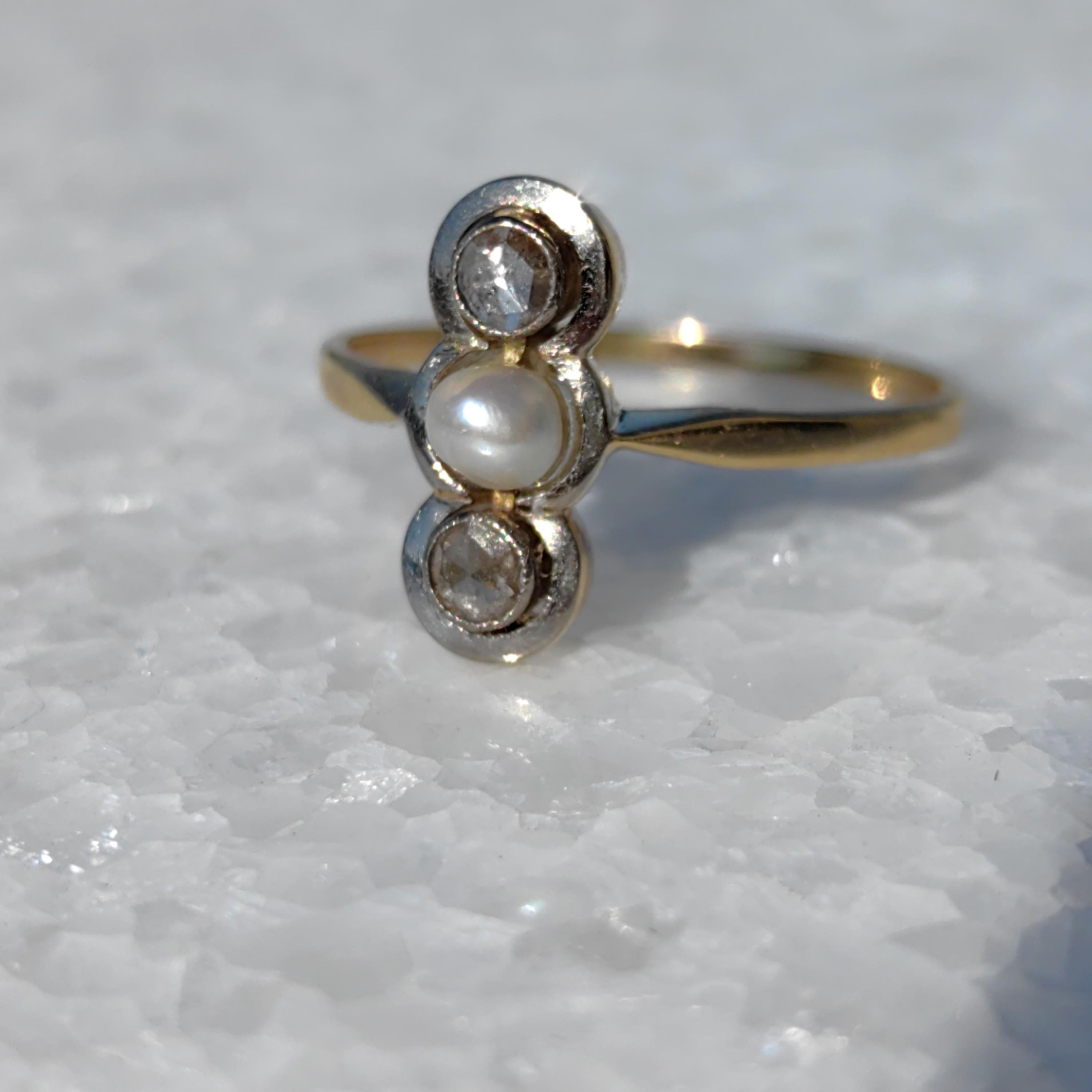 Art Nouveau Pearl Engagement Ring: Diamond 18k Gold Antique Three-Stone