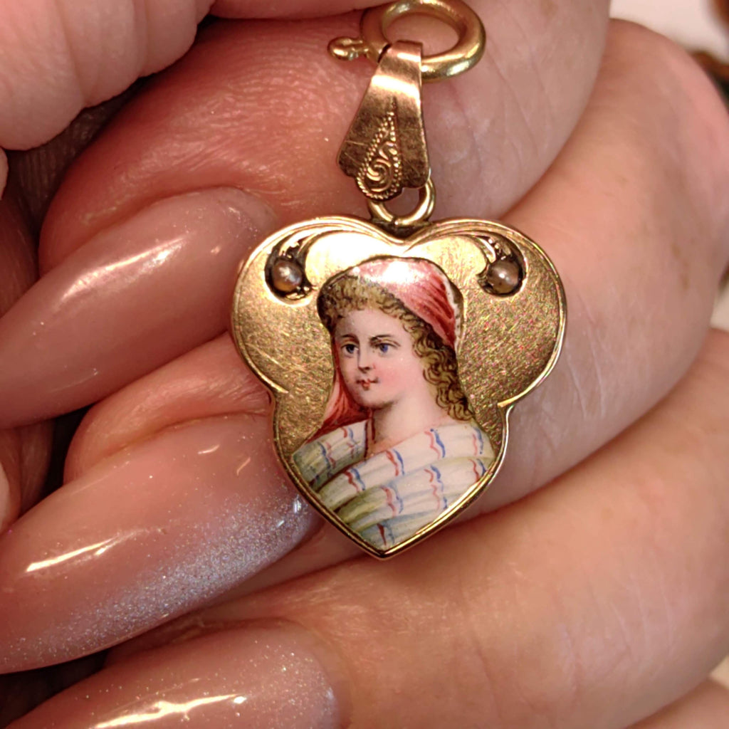 Art Nouveau 1900s  Pearl and 14k Solid Yellow Rose Champagne Gold Hand Painted Fire Enamel Women Portrait Miniature Pendant Gift for Her