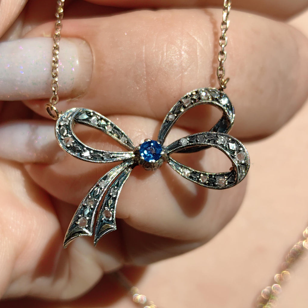 Victorian Sapphire Diamond Bow Pendant: 14k Yellow Gold Antique Necklace