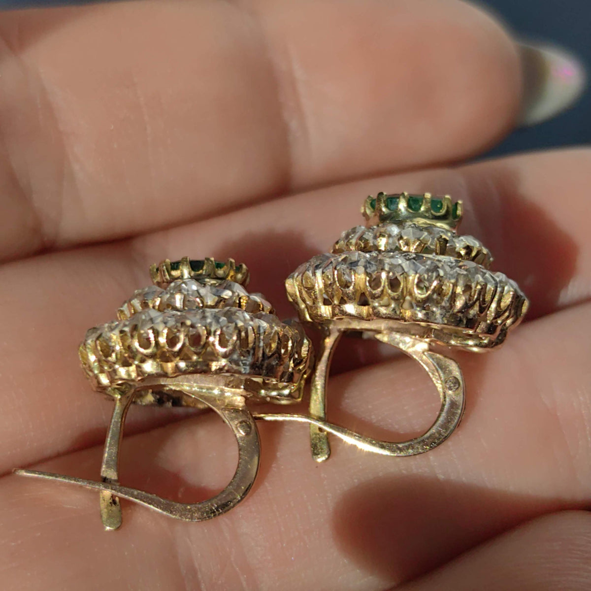 Victorian 1890s Vintage Diamond Emerald Solid 18k Hallmarked Yellow Gold Round Statement Elegant Earrings Latch Back Closure Gift for Her