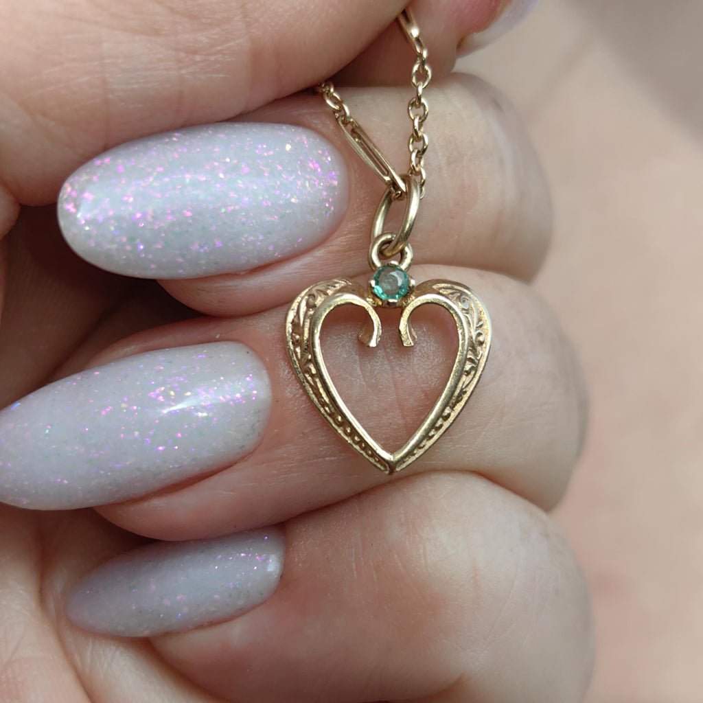 Solid 14k Yellow Gold Filigree Hand Chiseled Emerald Heart Necklace Pendant Antique Vintage Dainty Bracelet Charm Gift for Her