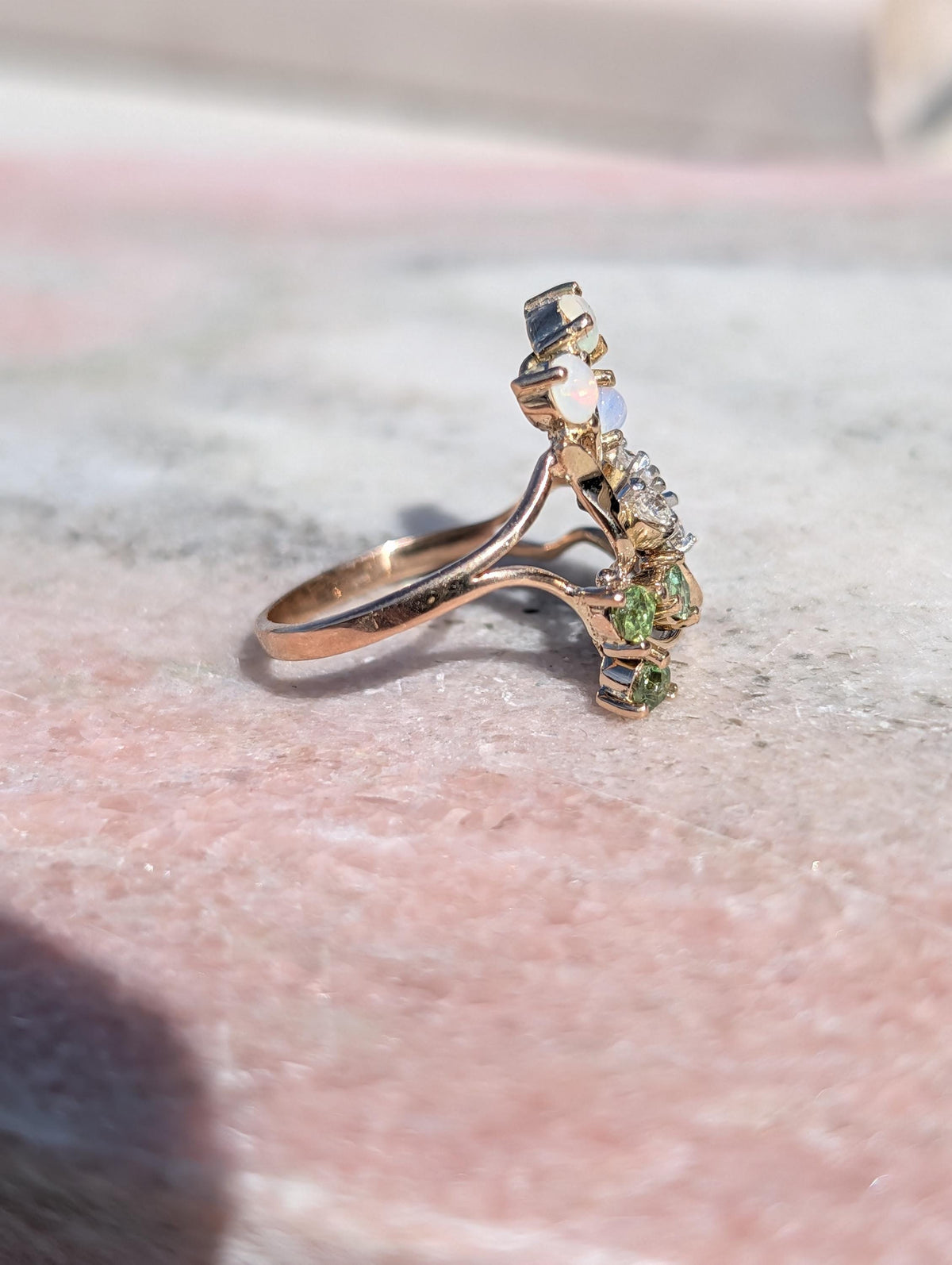 Art Nouveau 1900s Diamond Demantoid Opal Ring, 18k Yellow Gold Floral Vintage Engagement Ring, 1950s Heirloom Fine Jewelry Gift US 8.5
