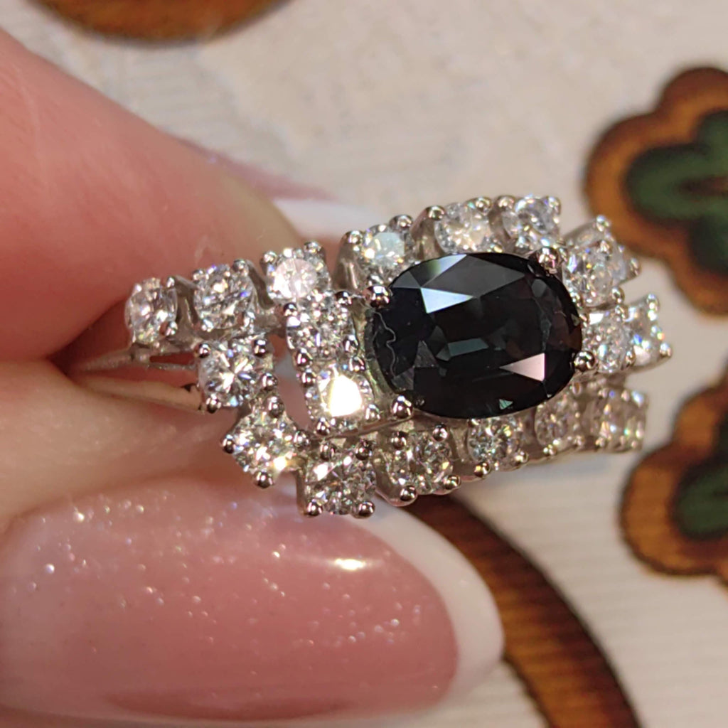 Vintage Mid-Century Sapphire Diamond Ring: 14k White Gold Engagement Ring