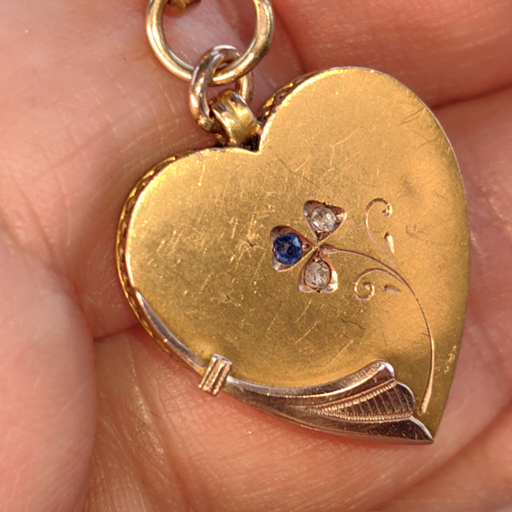 Victorian 14k Gold Heart Pendant: Diamond Sapphire Floral Necklace, 1880s Antique Charm