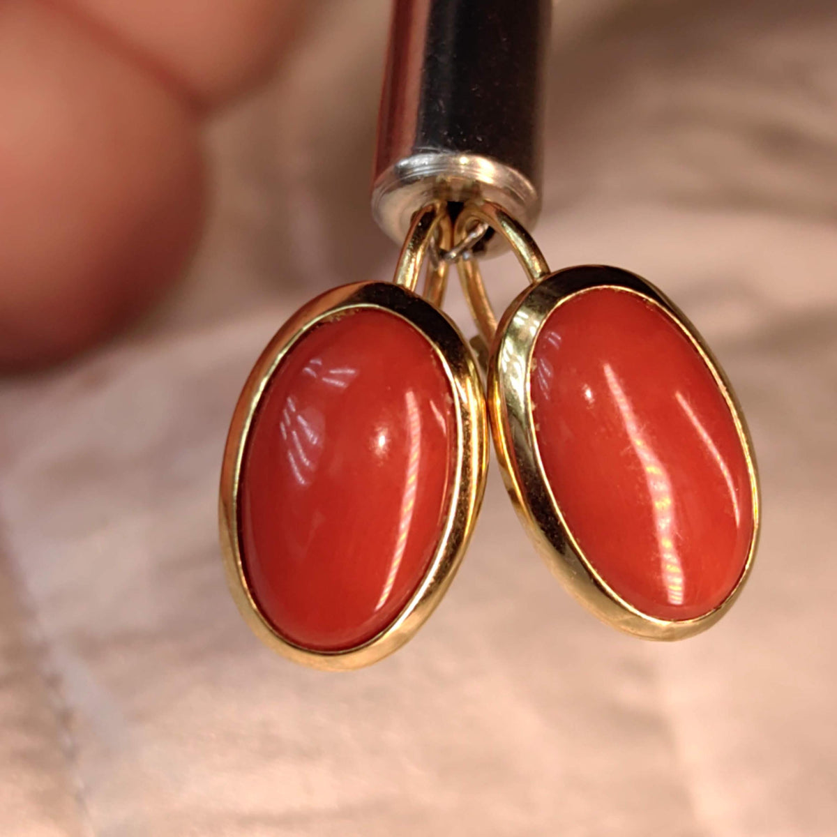 Natural Coral 18k Gold Earrings: Mid Century Vintage Dangle Dormeuse
