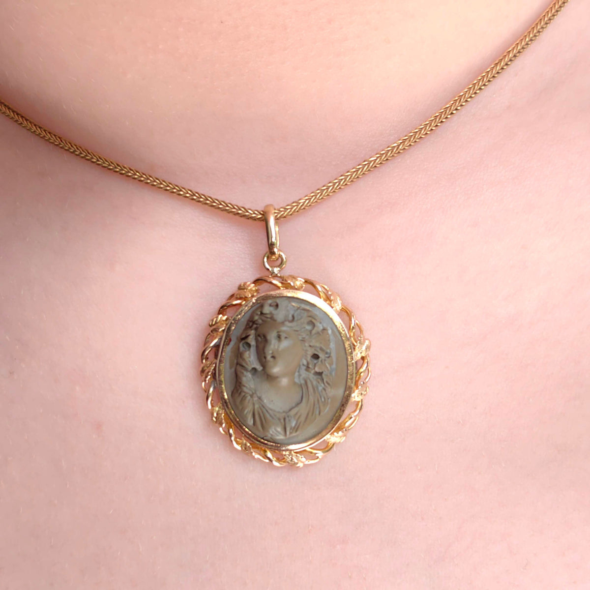 Victorian Hand Carved Lava Cameo Pendant - 14K Gold Framed