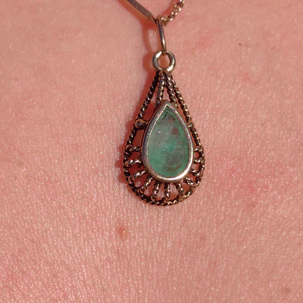 Art Deco Emerald Pendant: 14k Yellow Gold Filigree, Hand-Chiseled Floral Charm