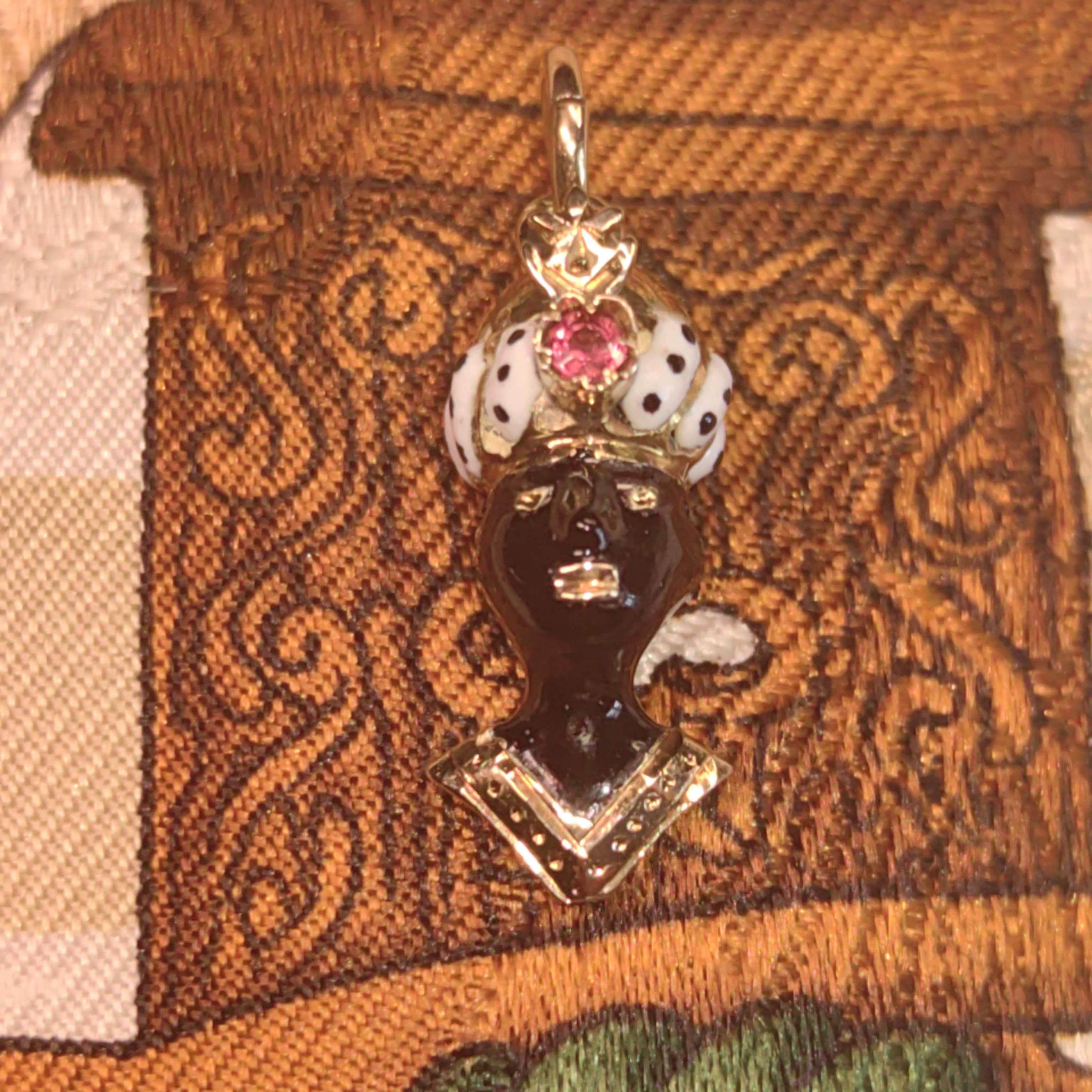 Antique Moor Ruby Moretti Vintage Solid 14k Gold charm White and Black Fire Enamel Gold Charm, 1900s Austrian Hungarian Monarchy Gift