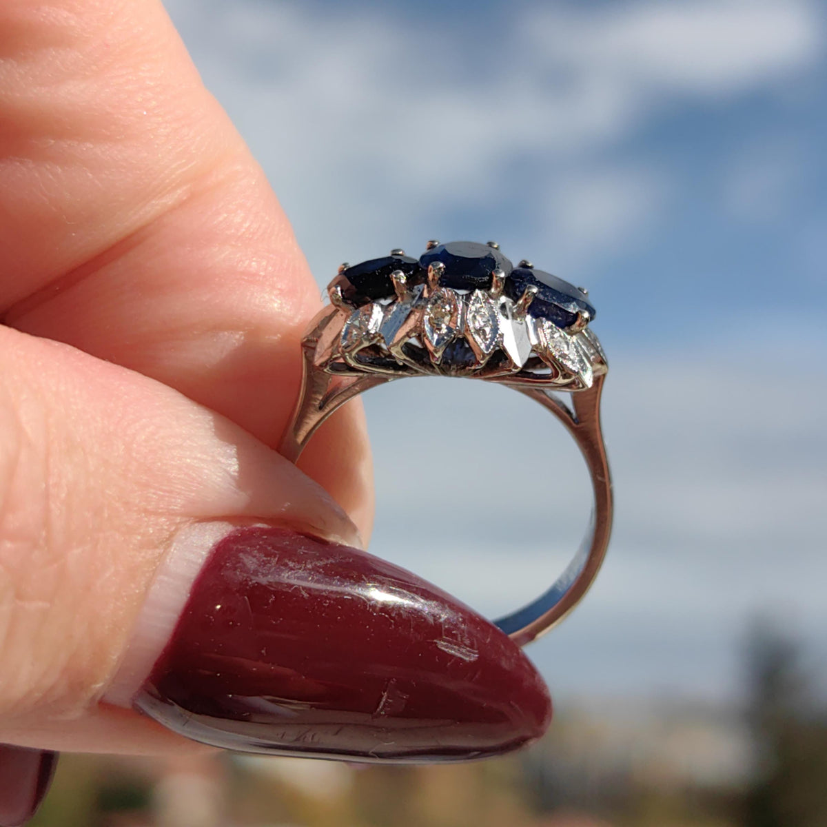 Natural Sapphire Diamond 18k 750 Hallmarked Solid White Gold Mid Century Engagement Ring, Vintage Antique Elegant Ring Gift for Her