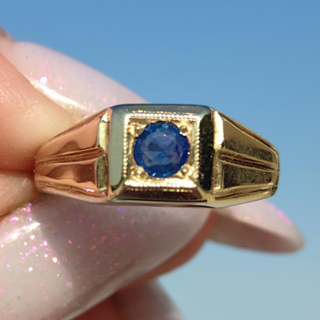 Art Deco Sapphire Ring: 14K Yellow Gold Geometric Engagement Ring