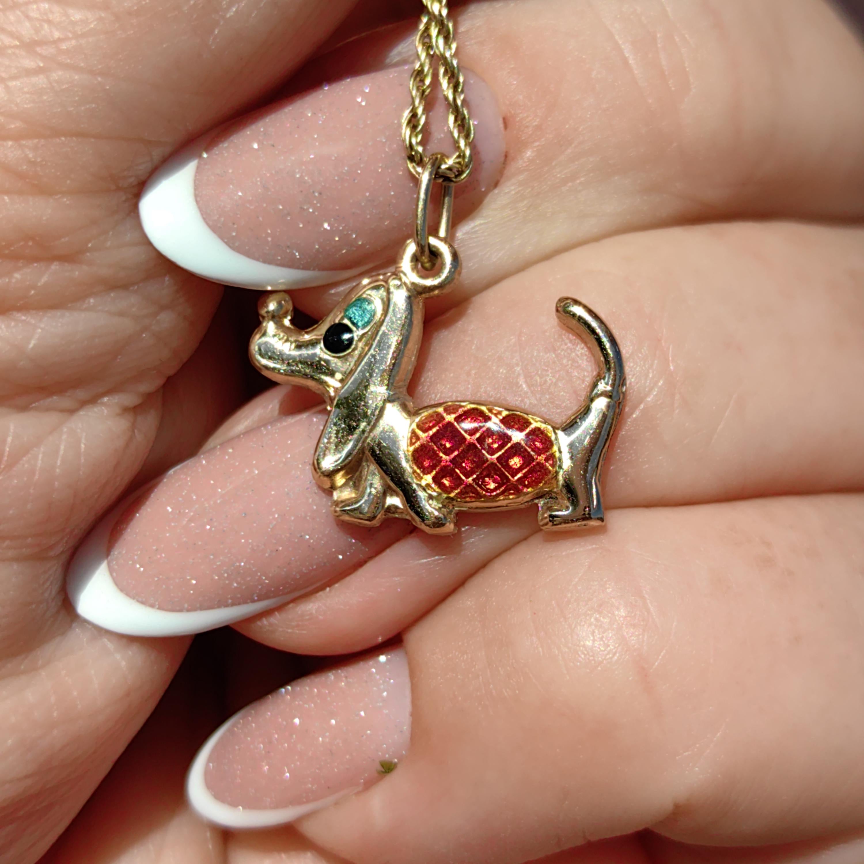 Vintage 14k Solid Yellow Gold Dachshund Dainty Elegant Pendant Hand Painted Fire Enamel Dog Bracelet Charm 1960s Style Necklace Pendant Gift
