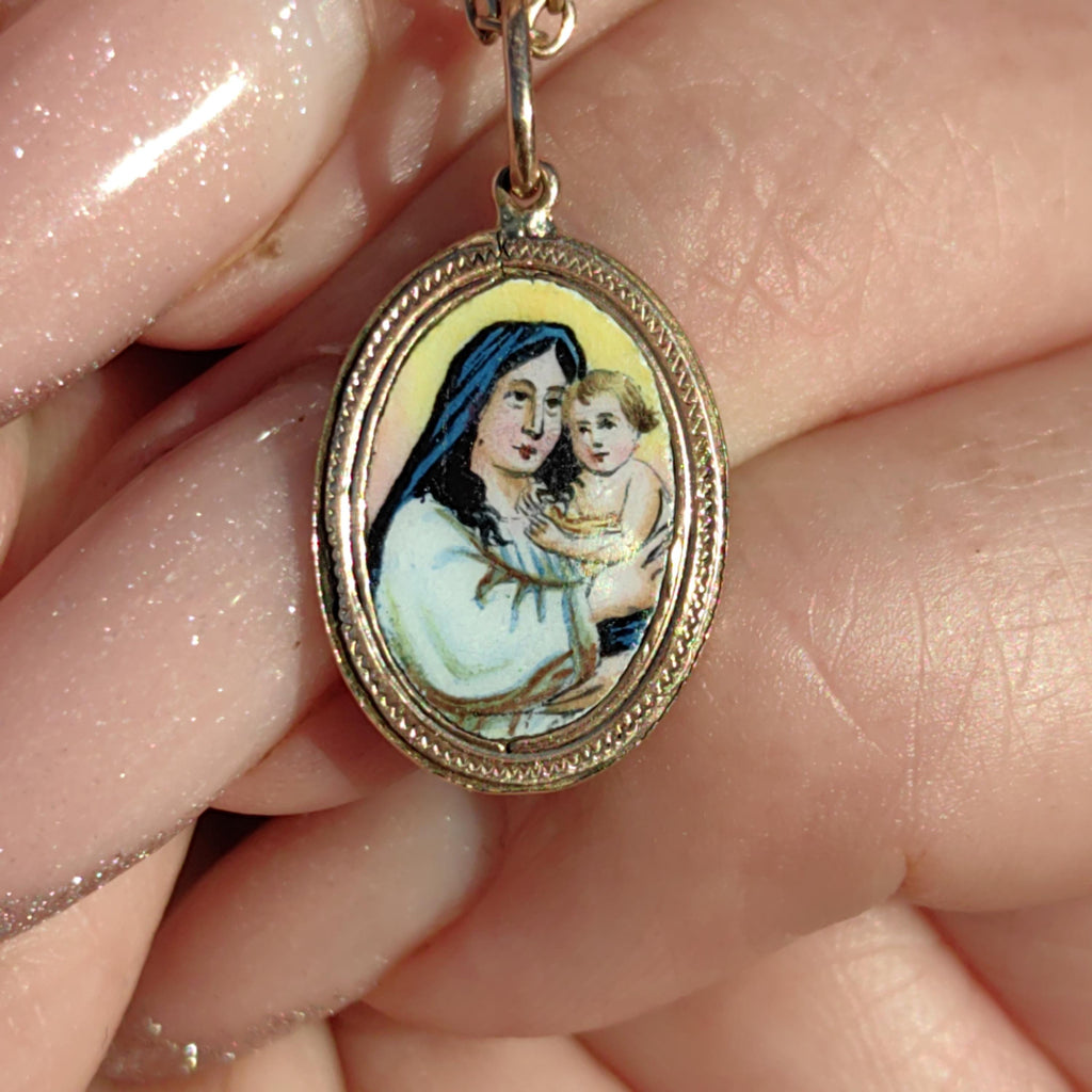 Antique Art Nouveau 14k Gold Madonna Pendant, Hand Painted Enamel Virgin Mary Baby Jesus