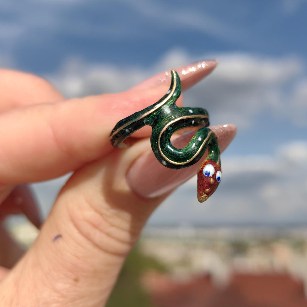 Solid 14k Yellow Gold Green Fire Enamel Snake Shape Gold Band Ring Gift for Her Animal Exotic Reptile Retro Vintage Ring