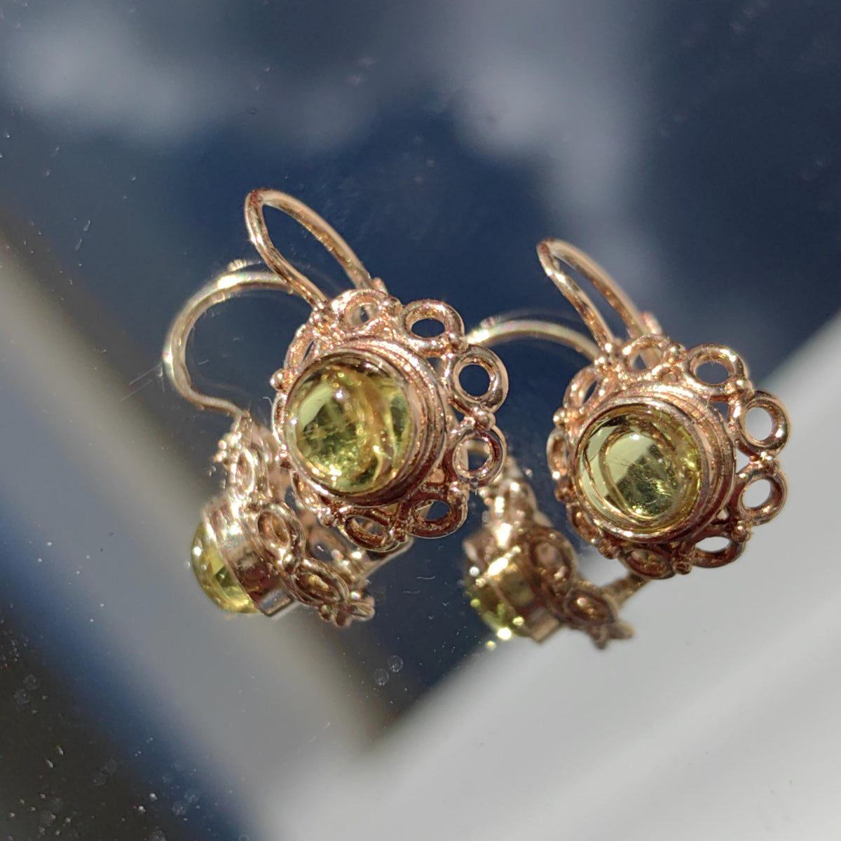Green 14k Solid Yellow Rose Gold Green Yellow Tourmaline Antique Vintage Floral Flower Elegant Dainty Earrings Vintage 1940s Dormouse Gift