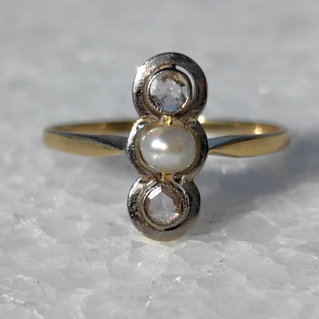 Art Nouveau Pearl Engagement Ring: Diamond 18k Gold Antique Three-Stone