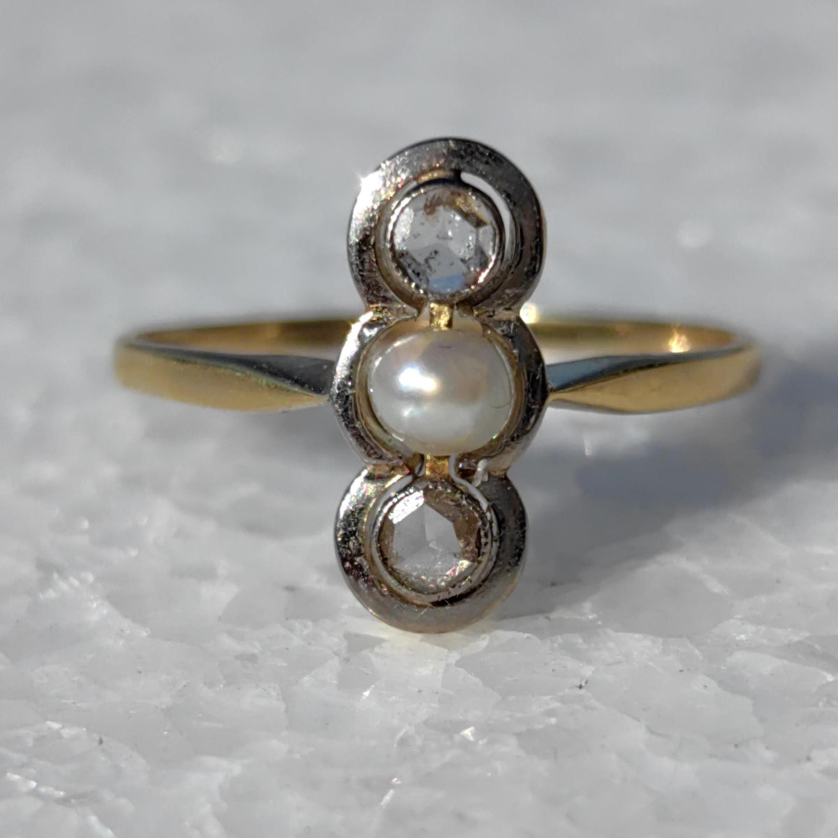 Art Nouveau Pearl Engagement Ring: Diamond 18k Gold Antique Three-Stone