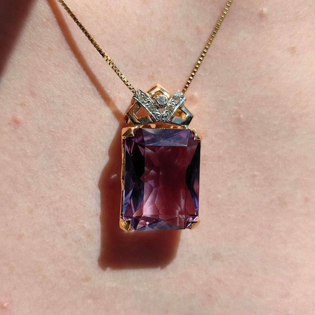 Art Deco Antique Vintage Amethyst and Diamond Gold Statement Pendant