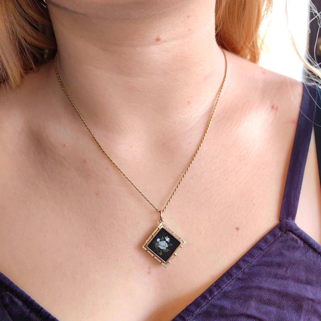 Victorian Micromosaic Flower Pendant: 18k Gold & Petra Dura Stone