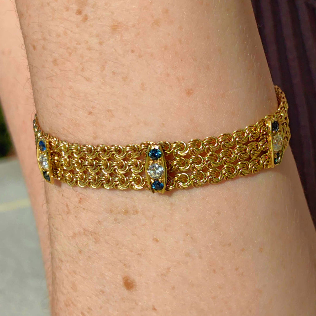 Art Deco Sapphire Diamond Bracelet: 14k Yellow Gold Chain, 1940s Vintage