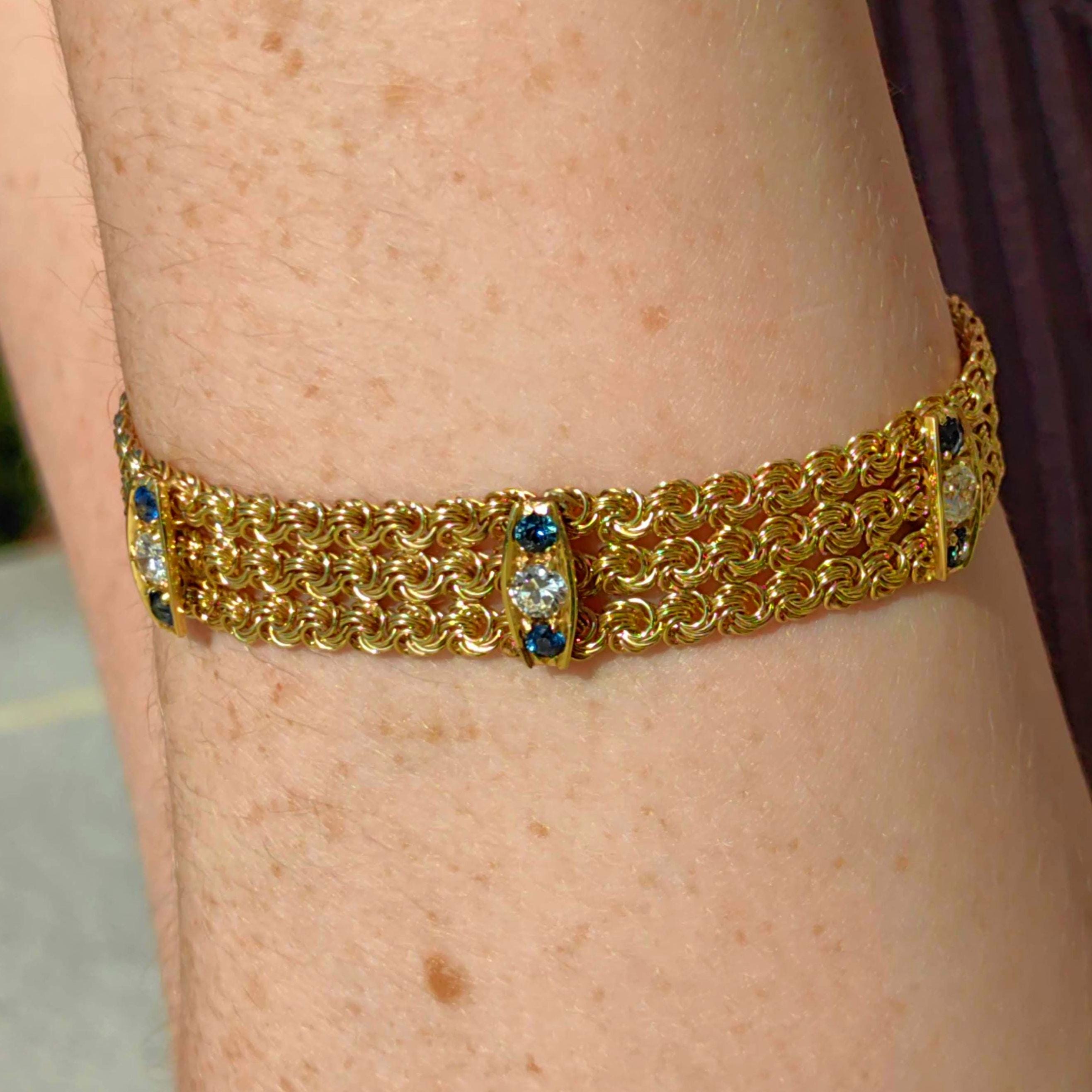 Art Deco Sapphire Diamond Bracelet: 14k Yellow Gold Chain, 1940s Vintage
