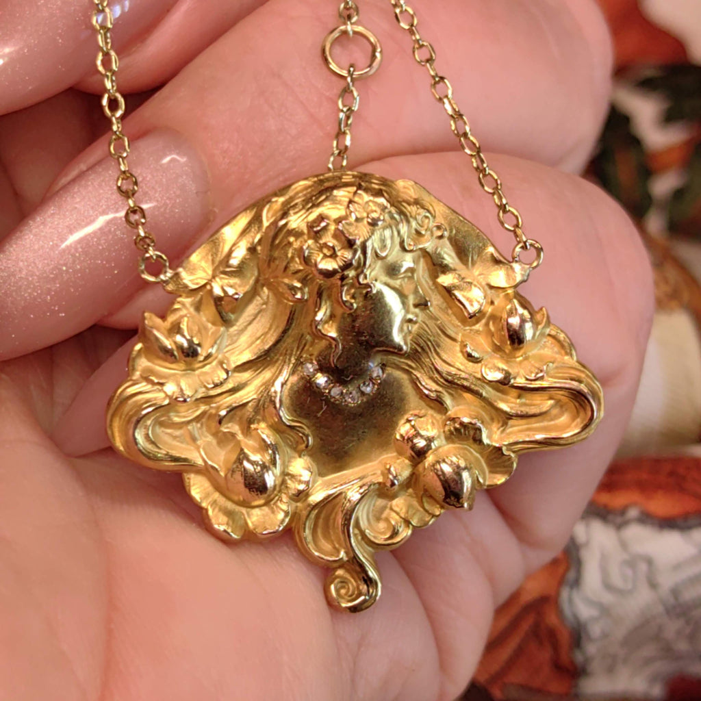 Antique Original Art Nouveau 14K Gold Lady Pendant Necklace French Belle Époque Woman Relief Repoussé Medallion c1900 Hallmarked