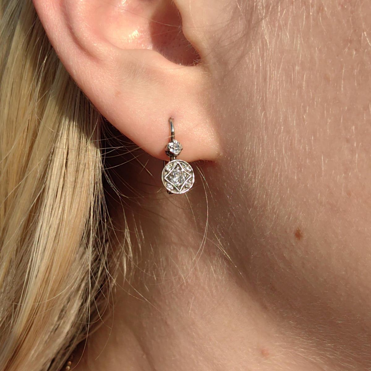 1920s Diamond Sleeper Earrings: Antique 14k White Gold Wedding Jewelry