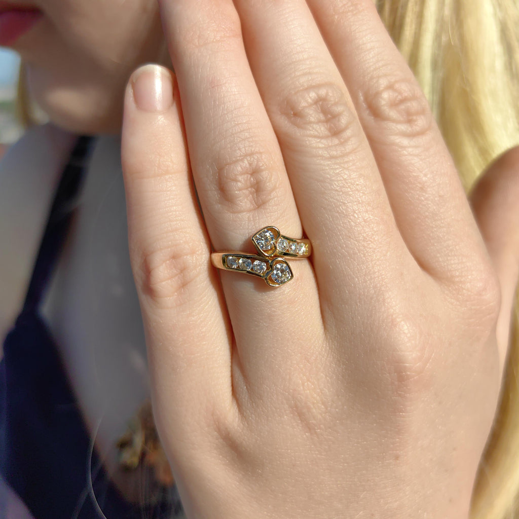 Vintage 0.64ct Diamond Ring: 21.6k Yellow Gold Two Heart Promise Ring, Size 6