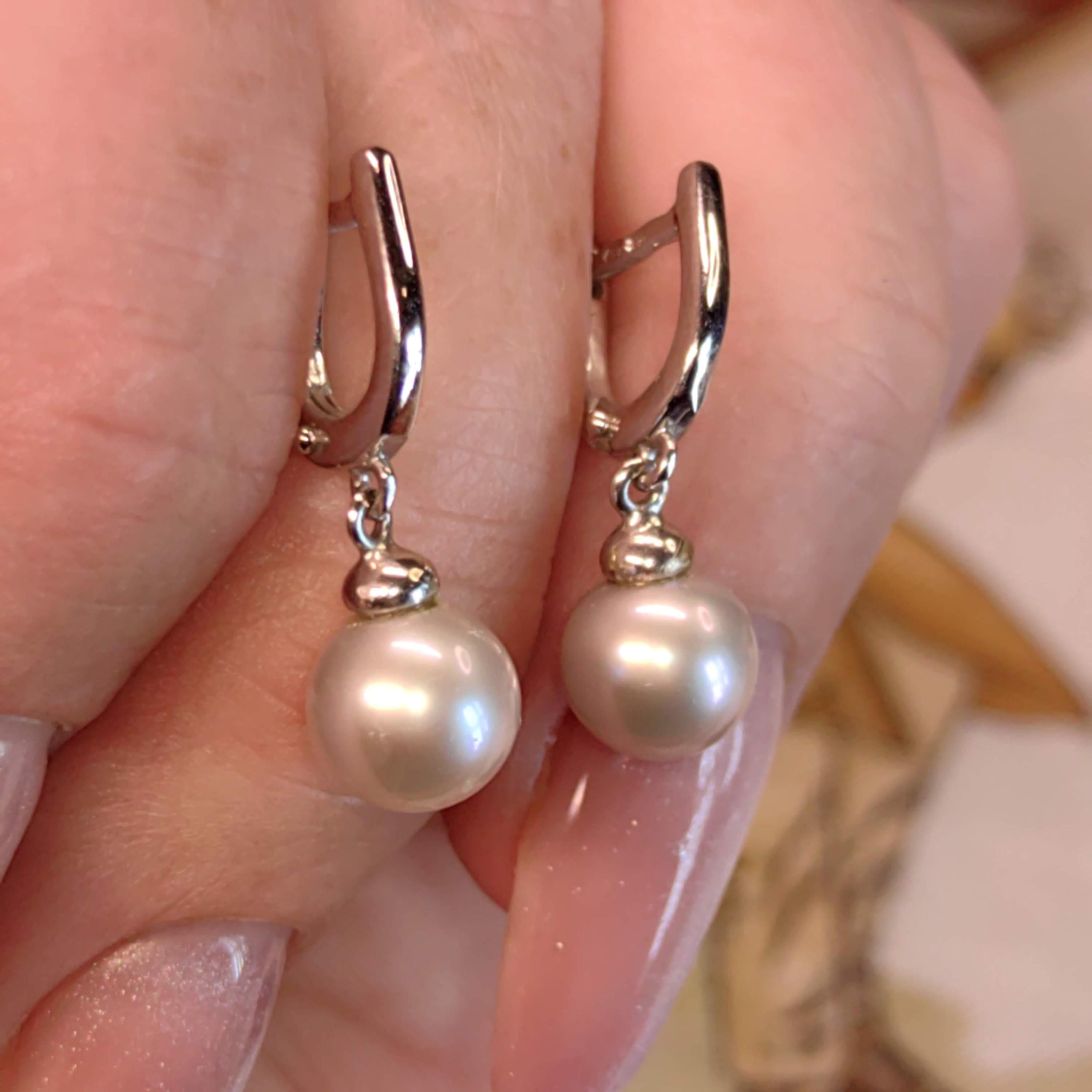 14k Hallmarked Solid White Gold Vintage Elegant Classic Minimalist Pearl Earrings Gift for Her Present