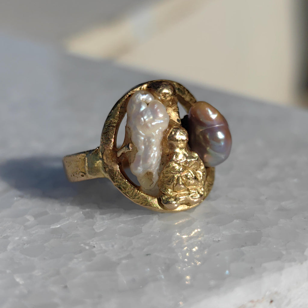 18k Gold Nugget Ring: Two-Tone Pearl Boho Ring