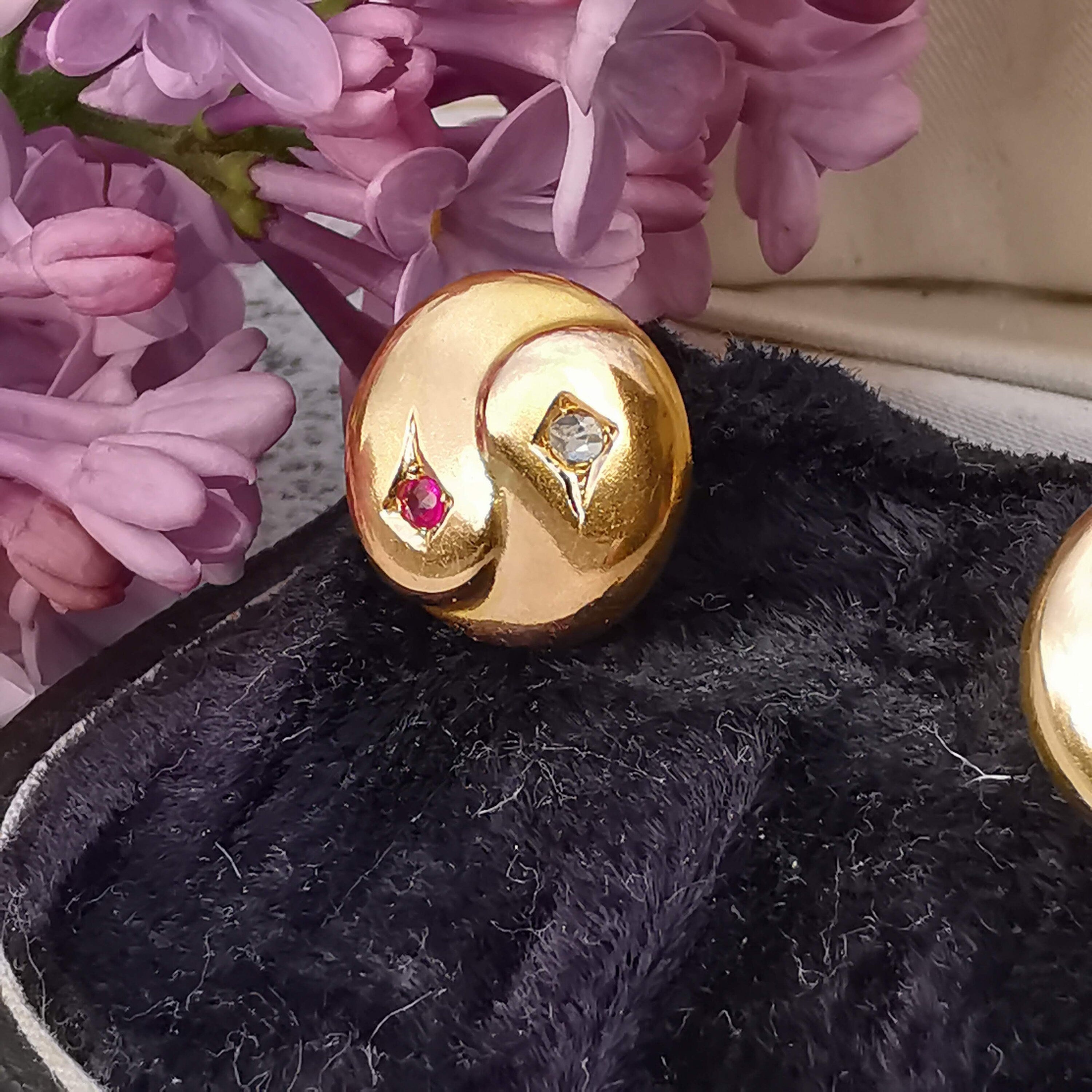 Art Deco Yin-Yang Earrings: Vintage 14k Gold Ruby Diamond Studs