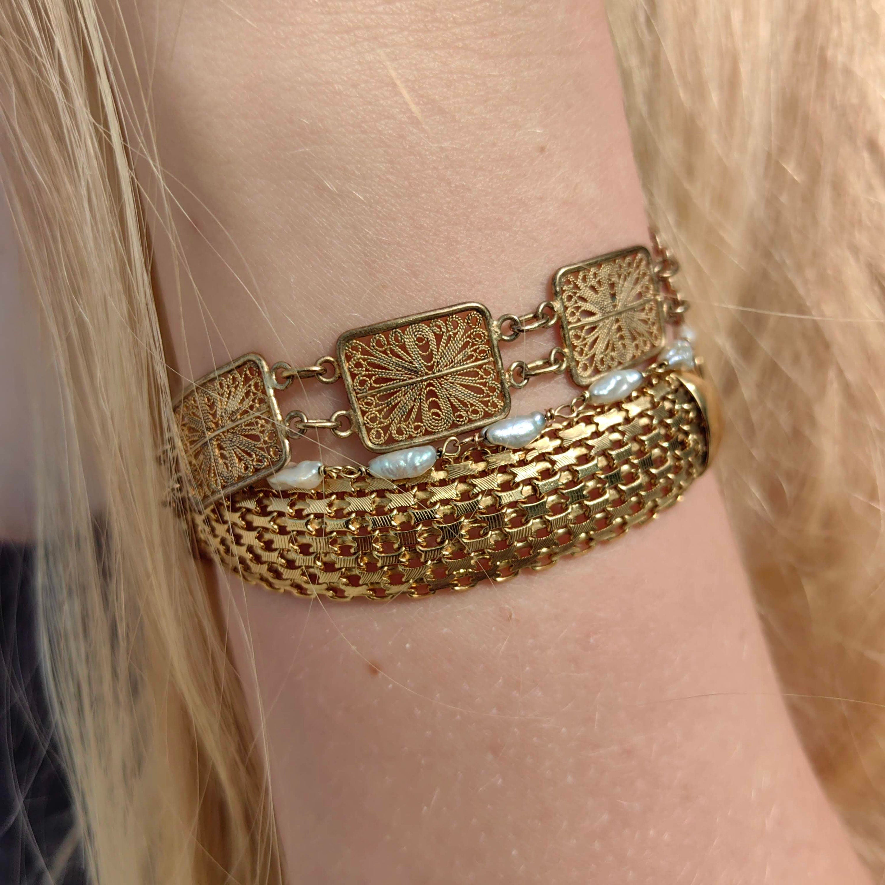 Vintage 1960s Italy 14k Solid Yellow Gold Wide Handmade Thick Chain Statement Elegant Bracelet Gift Present