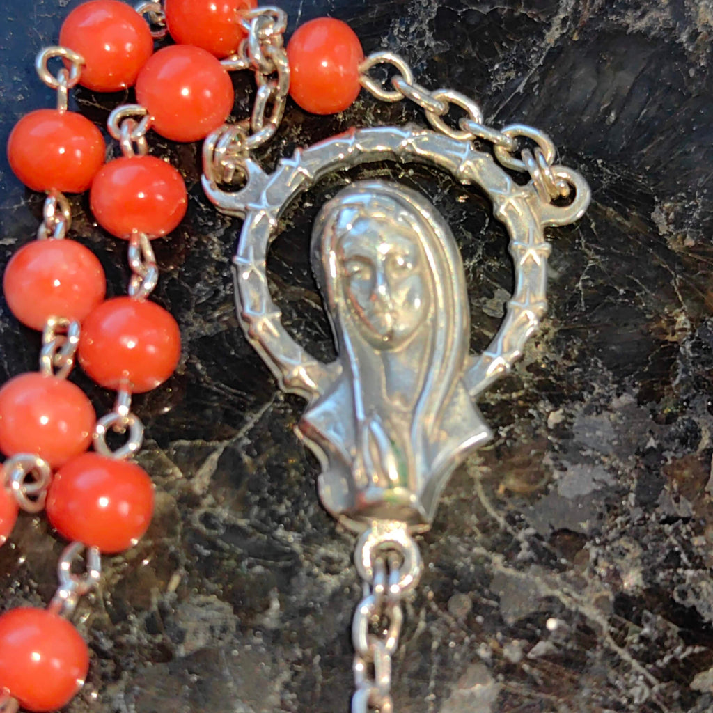 1930s Antique Coral Rosary Necklace: Silver Madonna, Jesus on Cross