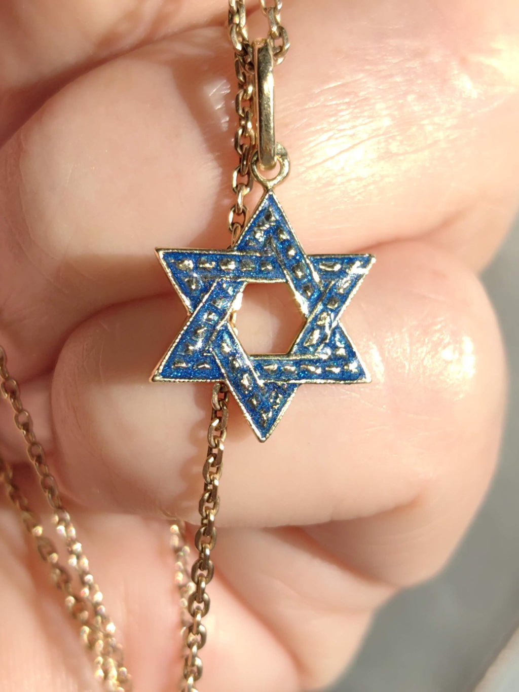 Vintage 14k Gold Star of David Pendant: Blue Enamel Judaica Charm